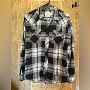 Roebuck & Co black and white plaid snap closure long sleeve shirt size large